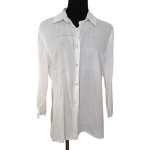 Vintage 90s White Button Up Shirt Bell Sleeve Womens L Resort Beach Minimalist